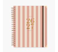 Agenda Charuca 26-27 Académica VISTA SEMANAL - Tapa Dura con Detalles Dorados, Tamaño GRANDE - Incluye BOLSA de Tela PROTECTORA y Marcapáginas - Hecho en España (RAYAS PINK))