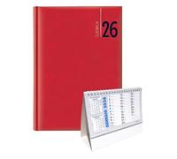 Agenda diaria 2026 roja F.to A4 21 x 29,7 cm - Tapa acolchada de piel sintética, planificador diario con agenda telefónica, mapa y festivos + calendario de mesa y bolígrafo a presión