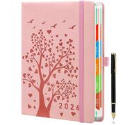 Agenda diaria 2026, tamaño A5, 1 día por página, agenda diaria, agenda de libros, planificador anual de enero a diciembre, con pestañas mensuales de colores, color beige arena, bolígrafo incluido.