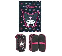 Agenda escolar Kuromi 2026 - 2027 F.to Standard 18 x 14 cm versión negra violeta + Estuche escolar 3 compartimentos ovalado triple compartimento cierre cremallera + llavero lentejuelas y bolígrafo