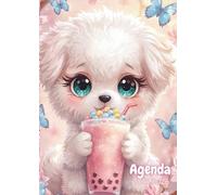 Agenda Scolaire Fille Kawaii Chien chiot: A COLORIER | Journalier, une Page par Jour | 12 x 17 cm | Pour Ecole Elémentaire, Primaire, Collège, Lycée | ... enfant, ado | Bubble Tea, Fleurs de cerisier