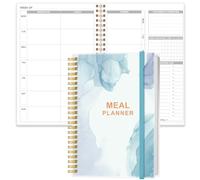 Agenda semanal de comidas, diario semanal y diario de preparación de comidas A5 con listas de compras y comestibles para planificación de menús, dura 1 año, acuarela azul
