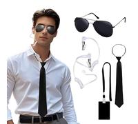 Agent Accessories Set de auriculares espía, juguete de inteligencia, disfraz de chófer, cosplay, con gafas de sol negras, cremallera, corbata, auriculares, tarjeta de identificación, protector de