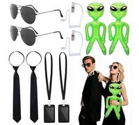 Agente Disfraz Accesorios, Accesorios para Disfraz de Agente, Disfraz Agente Secreto que Incluye Gafas de Sol, Corbata, Extraterrestre Verde Inflable, Auriculares Realistas y Porta Identificación
