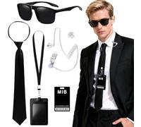 Agente Disfraz Accesorios, Men in Black Disfraz, Servicio Secreto Juego de Disfraces, Disfraz Vigilante Seguridad con gafas de sol, corbata, tarjetero, para Halloween Fiesta de Disfraces Cosplay y Fie