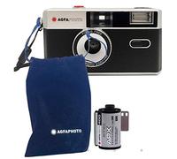 AgfaPhoto Cámara analógica de 35 mm para Fotos pequeñas, Color Negro, con película en Blanco y Negro para hasta 36 imágenes, batería, Correa de Transporte y Funda.