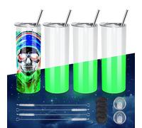 AGH Vasos de sublimación de 20 onzas que brillan en la oscuridad, 4 vasos luminosos y rectos en blanco, brillan de blanco a verde, con popote de acero inoxidable, tapa y posavasos a prueba de