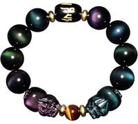 AGHSGDBCE Pulsera de Feng Shui, pulsera doble Pixiu para prosperidad, arco iris, obsidiana, ojo de tigre, talismán, pulsera elástica, 14mm, Acetato, No es una piedra preciosa