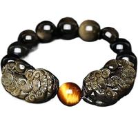 AGHSGDBCE Pulsera de Feng Shui, pulseras de cuentas Feng Shui Riqueza Natural de obsidiana dorada doble Pixiu pulsera atrae, Talla única, Acetato, No es una piedra preciosa
