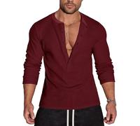 Agilelin Camiseta de manga larga y corta con 5 botones para hombre, estilo casual, entallada, muscular, ropa interior térmica, 1 largo/rojo, L