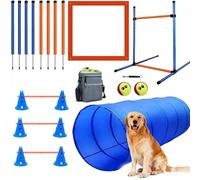 Agility Perros,Equipo De Entrenamiento De Agilidad, Equipado Con Túnel Para Perros, Vallas, 8 Postes De Slalom,2 Juguetes De Pelota De Tenis, Caja De Descanso, Postes De Marcación, 3 Barras Cortas