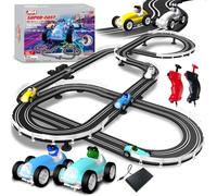 AGM MASTECH Super-Fast Slot Car Race Track Set con 4 coches iluminados con LED, circuito eléctrico de 23 pies con cruce, piloto de animales de dibujos animados, doble potencia, juguete para niños a