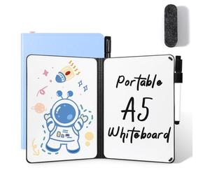 AGM Mini Pizarra blanca A5, estilo libro portátil con escritura a doble cara, Azul PP Caparazón, incluye bolígrafo y borrador, para estudio, reuniones, borradores, notas y garabatos
