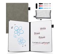 AGM Pizarra blanca 15 x 21 cm, estilo libro portátil con escritura a doble cara, Gris PU Caparazón, incluye bolígrafo y borrador, para estudio, reuniones, borradores, notas y garabatos