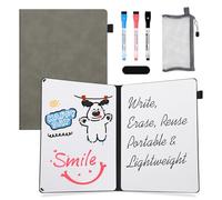 AGM Pizarra blanca 21 x 30 cm, estilo libro portátil con escritura a doble cara, Gris PU Caparazón, incluye bolígrafo y borrador, para estudio, reuniones, borradores, notas y garabatos