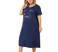 Agnes Orinda Camisón de Talla Grande para Mujer, Estampado de Gato Bonito con Bolsillo, Camisones Azul Marino 4XL