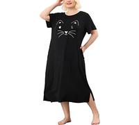 Agnes Orinda Camisón de Talla Grande para Mujer, Estampado de Gato Bonito con Bolsillo, Camisones Negro 4XL