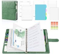 Agoer Juego de carpetas de piel sintética A5, carpeta magnética de 6 anillas con 150 hojas de recambio, sobre de archivo, bolsa con cremallera, separadores y calcomanías, planificador de piel