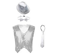 Agoky Blazer de Traje Fiesta para Niños Chaleco de Brillante con Sombrero y Pajarita y Corbata Top de Danza Jazz Disfraz de Baile Latino Hiphop 7-14 Años A Plateado 12-13 años