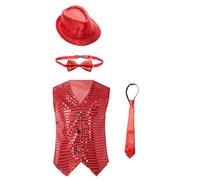 Agoky Blazer de Traje Fiesta para Niños Chaleco de Brillante con Sombrero y Pajarita y Corbata Top de Danza Jazz Disfraz de Baile Latino Hiphop 7-14 Años B Rojo 4-5 años