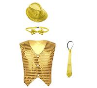 Agoky Blazer de Traje Fiesta para Niños Chaleco de Brillante con Sombrero y Pajarita y Corbata Top de Danza Jazz Disfraz de Baile Latino Hiphop 7-14 Años A Dorado 13-14 años