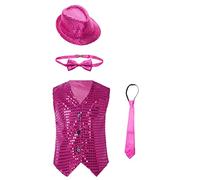 Agoky Blazer de Traje Fiesta para Niños Chaleco de Brillante con Sombrero y Pajarita y Corbata Top de Danza Jazz Disfraz de Baile Latino Hiphop 7-14 Años B Rosa caliente 4-5 años
