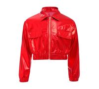 Agoky Chaqueta Metálica Brillante Cuello Vuelto Niños Niñas Abrigo De Manga Larga con Bolsillos Disfraz para Hip-Hop Jazz Latino Rojo 9-10 años