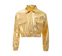 Agoky Chaqueta Metálica Brillante Cuello Vuelto Niños Niñas Abrigo De Manga Larga con Bolsillos Disfraz para Hip-Hop Jazz Latino Dorado 15-16 años