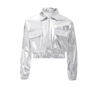 Agoky Chaqueta Metálica Brillante Cuello Vuelto Niños Niñas Abrigo De Manga Larga Con Bolsillos Disfraz Para Hip-hop Jazz Latino Plateado 9-10 años