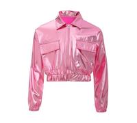 Agoky Chaqueta Metálica Brillante Cuello Vuelto Niños Niñas Abrigo De Manga Larga con Bolsillos Disfraz para Hip-Hop Jazz Latino Rosa 5-6 años