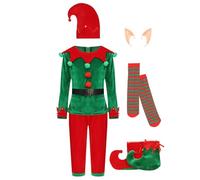 Agoky Conjunto De Disfraz De Elfo Navideño Para Niños Traje De Cosplay Con Gorro De Elfo Calcetines Largos A Rayas Zapatos De Campana Disfraz Duende Verde 2-3 años