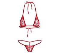Agoky Conjunto de Lencería para Mujer Sexy Encaje Mini Bikini Sujetador Bra Push-up con Tanga Bragas Transparente Pijamas Trajes de Dormir Sexy Adulto Rojo One Size