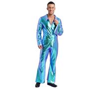 Agoky Disfraz De Fiesta De Discoteca Para Hombre Mono Plateado Campana Jumpsuit De Baile De Jazz Disfraces Carnaval Décadas 70 80 Azul 3XL