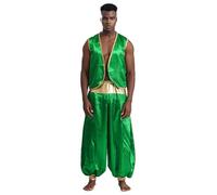 Agoky Disfraz Príncipe Árabe Cosplay Para Hombre Chaleco Delantero Abierto Y Pantalones De Cintura Elástica Disfraz De Príncipe Oriental Green&Green 3XL