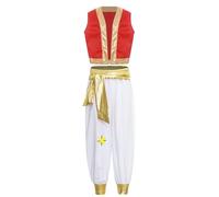 Agoky Isfraces De Príncipe Aladino Niños Chaleco + Pantalones Cintura Elástica Traje De Lámpara Mágica Traje Cosplay Actuación Carnaval Rojo 11-12 años