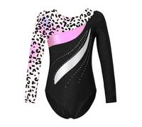 Agoky Leotardos Gimnásticos para Niña Maillot Manga Largo Mono de Brillante de Gimnasia Rítmica Competición Traje de Baile Body Clásico Elástico V leopardo colorido 13-14 años