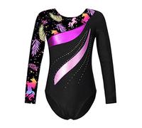 Agoky Leotardos Gimnásticos para Niña Maillot Manga Largo Mono de Brillante de Gimnasia Rítmica Competición Traje de Baile Body Clásico Elástico V Negro 9-10 años