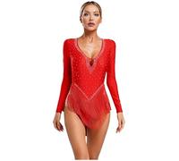 Agoky Maillot De Baile Latino para Mujer Body con Flecos Vestido Patinaje Artístico Gimnasia Disfraz De Baile Lírico De Salón Rojo M
