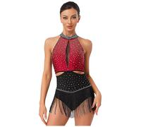 Agoky Vestido Baile De Salon Latino Mujer Leotardo De Ballet con Flecos Sin Mangas Maillot De Patinaje Competición Rojo L