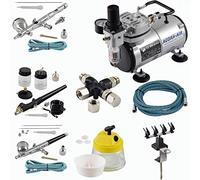 Agora-Tec® Expert XI.13 - Juego completo de aerógrafo (incluye compresor de 4 bares y 20 l/min, 3 pistolas con agujas de 0,2 y 0,3 y 0,5 y 0,8 mm, distribuidor de presión de aire de 3 vías, soporte de 4 vías y 3 mangueras y adaptador)