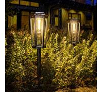 AGOTD Luces solares de jardín con LED blanco cálido, resistentes al agua, lámparas solares para exteriores, metal negro y cristal, diseño de farolillos para jardín, césped, terraza, patio