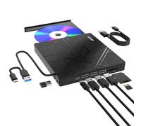 AGPTEK Unidad Externa DVD CD 8 en 1 para Laptop, Quemador USB 3.0 Ultra Delgado con 4 Puertos USB + 2 Ranuras TF/SD, Compatible con Mac, PC, Windows 11/10/8/7, Linux