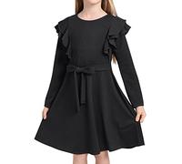 AGQT Vestido Niñas Mangas Largas Línea A Elegante Vestido Disfraz de Halloween Princesa Cuello Redondo con Cinturón Vestido de otoño e Invierno Negro Talla 6-7Años