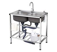 Agua de acero inoxidable, Lavabo utilitario con grifo, profundidad del cuenco principal de 22 cm, moderno cuenco doble de acero inoxidable grueso.(75x40x75cm)