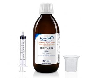 AGUALAB Dióxido de Cloro alta calidad en vídrio 250ml - CDS 3000 PPM - PH Neutro | Apto para Desinfección y Potabilización Aguas Consumo Humano - Laboratorio Español. Reg 24-20/40/90-12176