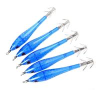 Aguja de anzuelo de pesca para calamar con fuertes giros, 9 cm, 5 5 g, cola luminosa para pesca de camarones de madera, juego de 5 piezas, ABS y material compuesto de metal (azul)