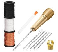 Agujas de coser con hilo + Kit de costura portátil con punzón + para cuero y tela + incluye agujas grandes, punzón, dedal + multifuncional + 10 piezas + plateado