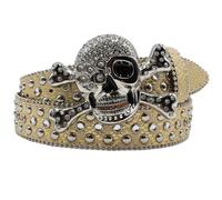 AGUTALITHIC Brillantes Rhinestone Hebilla De Calavera Y Cruz Cinturón para Hombre Y Mujer Correa De Cuero con Tachuelas Repujadas Cinturones para Vaqueros, Pantalones Y Chaquetas(115cm/45, Gold)