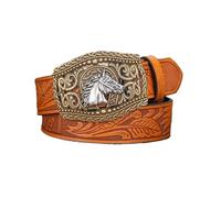 AGUTALITHIC Cinturón a Presión Cuero PU Occidental Hebilla Hueca Grabada Cabeza De Caballo Vintage Campestre Cinturones con Relieve Floral(120cm/47, Camel)