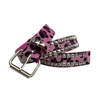 AGUTALITHIC Cinturón con Ojales Estampado De Leopardo Doble Hilera Punk Rock Remache Cuadrado De Cuatro Mordazas Cinturones De Piel Sintética Hebilla Plateada(120cm/47, Pink)